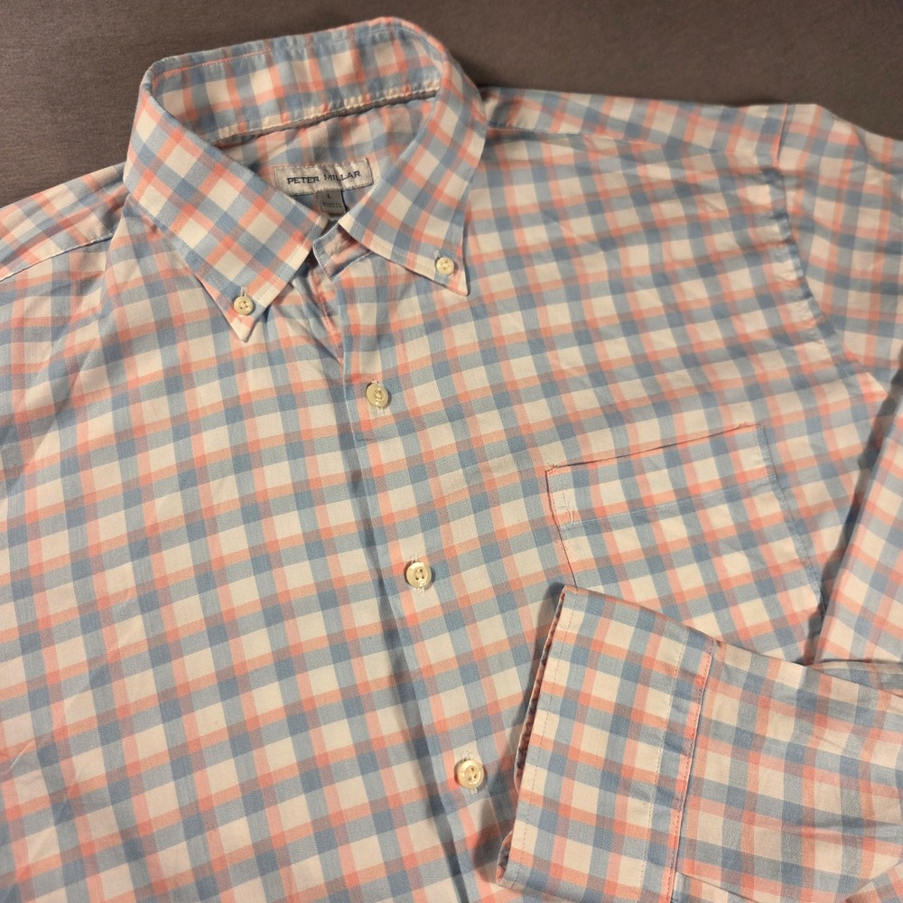 Peter Millar Mens Gingham Check Button Down Shirt Blue Pink Large L Long Sleeve